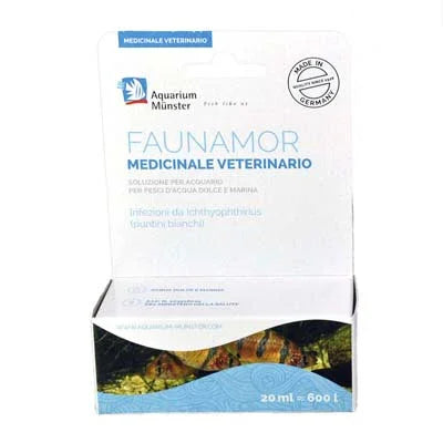 Boîte de traitement vétérinaire Faunamor pour poissons d’aquarium récifal et eau douce.