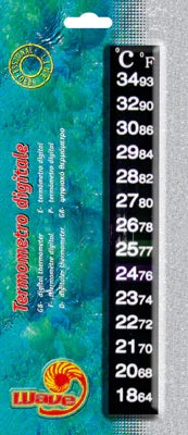 Thermomètre digital autocollant pour aquarium, échelle Celsius et Fahrenheit, fond bleu aquatic.