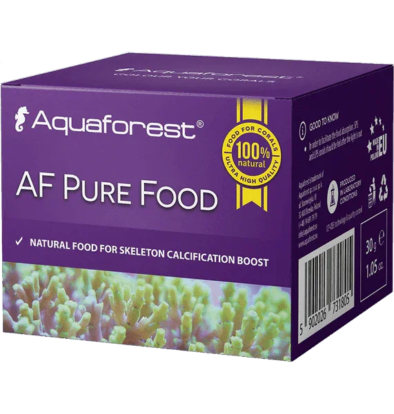 Boîte de nourriture naturelle pour coraux Aquaforest AF Pure Food, 30g, fond violet avec coraux.