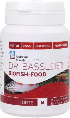 Pot de nourriture Dr. Bassleer Biofish Food forte pour poissons d’aquarium, granulés rouges.