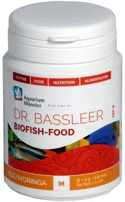 Pot de nourriture pour poissons Dr. Bassleer Biofish-Food pour aquariums, étiquette colorée