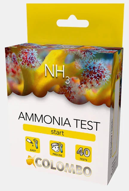 Boîte de test ammoniac NH3 pour aquarium, 40 tests, décor marin coloré en fond.