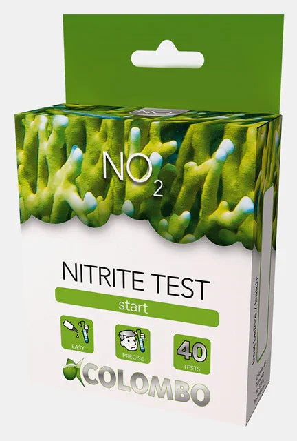 Boîte de test nitrites aquarium Colombo, 40 tests, décor corail vert, NO2 visible.