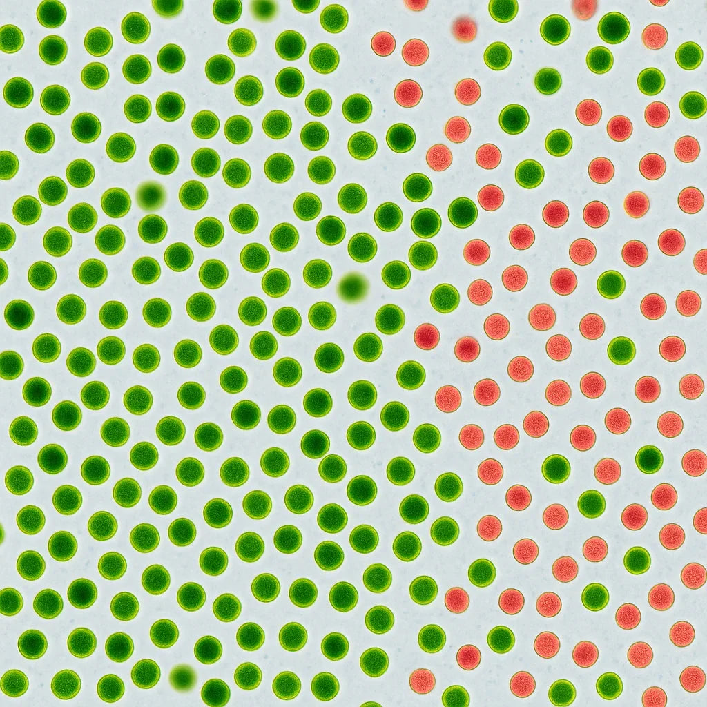 Microgranulés verts et rouges pour alimentation de poissons d’aquarium, vue rapprochée