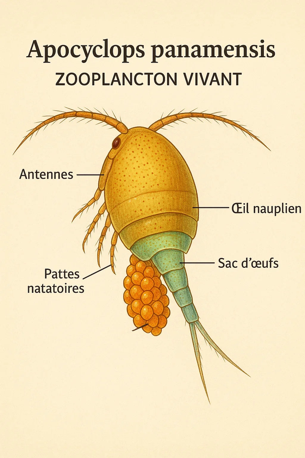 Illustration du zooplancton Apocyclops panamensis avec antennes et sacs d’œufs, pour aquarium.