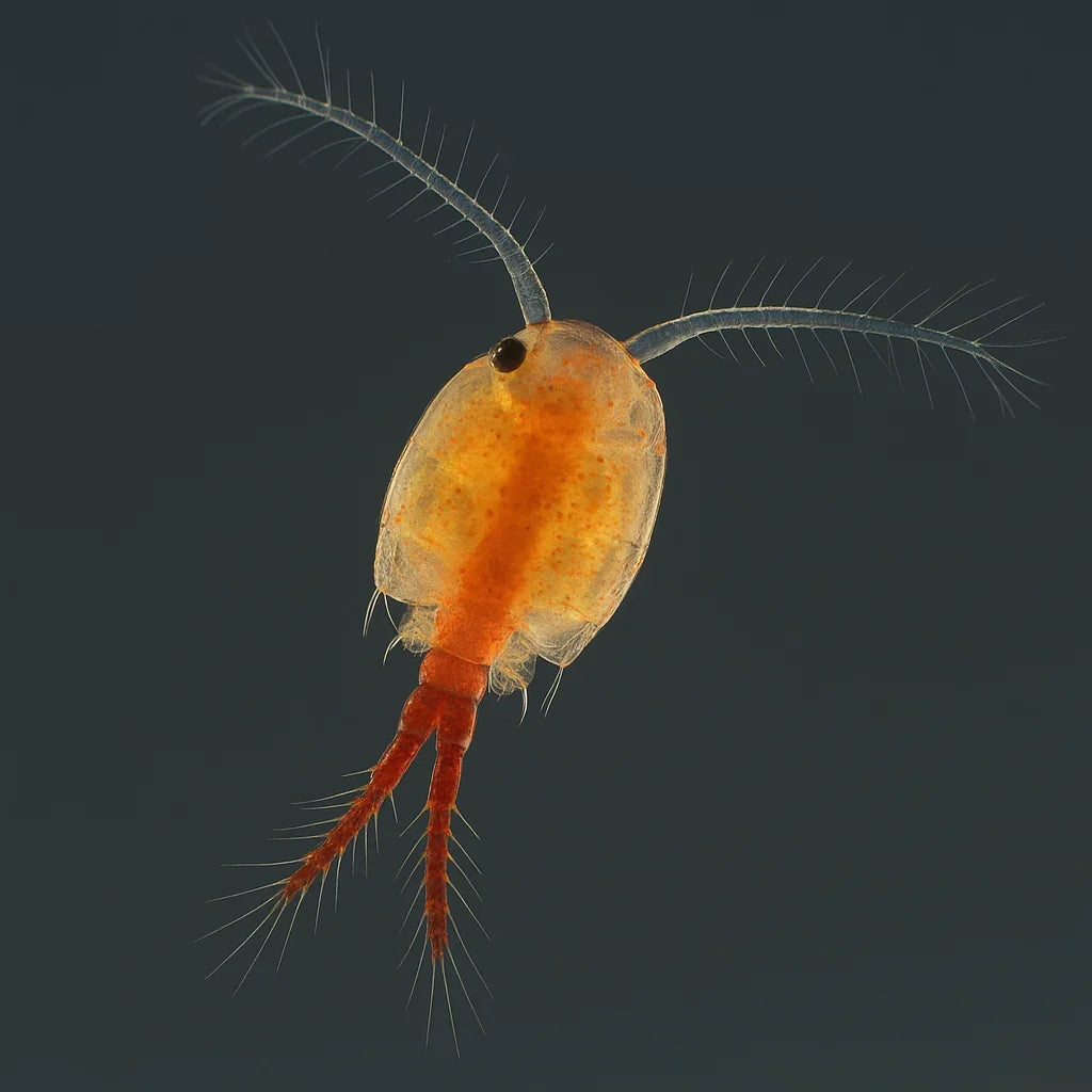 Photographie macro d'une artémia vivante, aliment naturel pour aquarium d'eau douce et récifal.