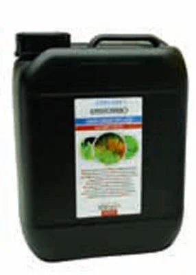 Bidon de produit pour aquarium récifal, étiquette illustrée de plantes et poissons tropicaux