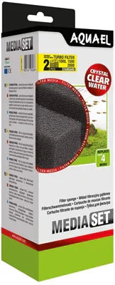 Boîte du filtre aquarium Aquael Media Set pour eau douce, photo du produit et mousse filtrante.