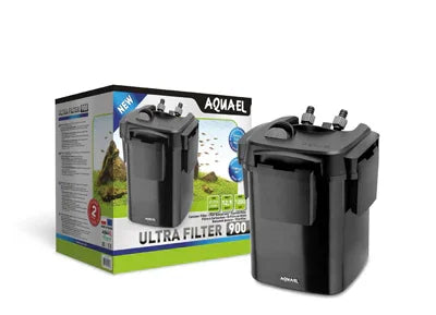 Filtre externe Aquael Ultra Filter 900 pour aquarium, avec emballage en arrière-plan