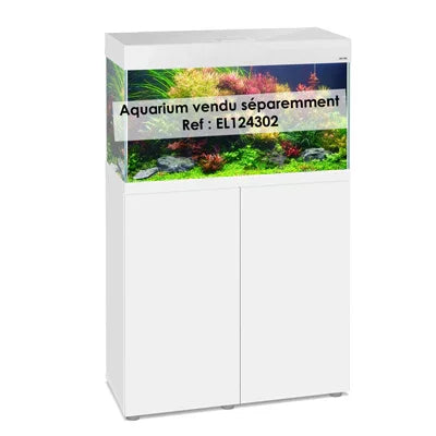 Meuble d’aquarium blanc avec portes, décoré de plantes aquatiques, pour aquarium récifal ou eau douce.