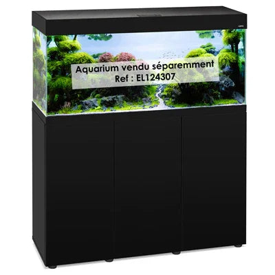 Meuble d’aquarium noir avec portes, devant un aquarium planté, élégant pour récifal ou eau douce.