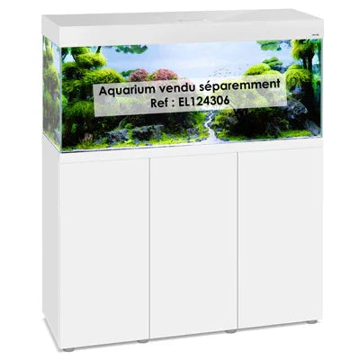 Meuble blanc pour aquarium, trois portes, posé sous un aquarium planté décoratif.