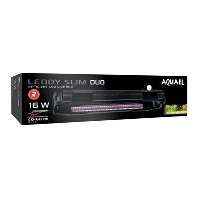 Rampe LED Aquael Leddy Slim Duo 16W pour aquarium, éclairage efficace, boîte noire.