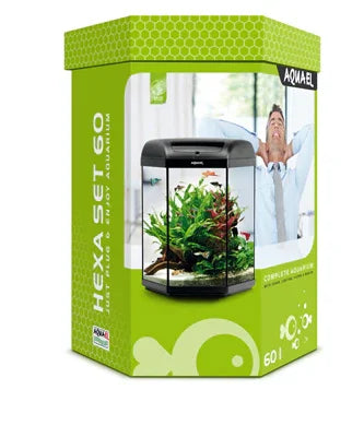 Kit aquarium hexagonal 60L Aquael, plantes aquatiques, emballage vert, pour aquarium d'eau douce