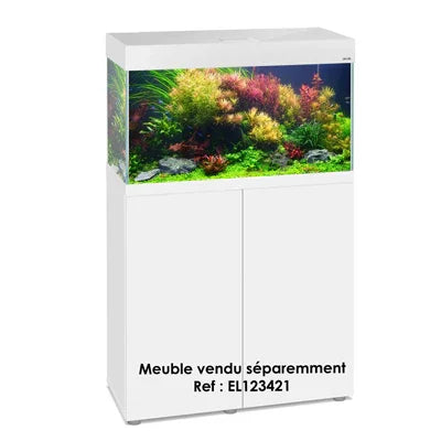 Aquarium planté rectangulaire avec meuble blanc, végétation dense, décor aquatique tendance