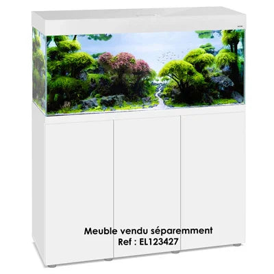 Grand aquarium d'eau douce avec plantes aquatiques luxuriantes sur meuble blanc moderne.