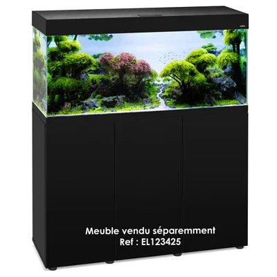 Aquarium d’eau douce planté avec décor naturel sur meuble noir, meuble non inclus
