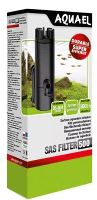 Filtre aquarium Aquael SAS Filter 500, filtre noir pour aquariums, photo produit sur emballage.