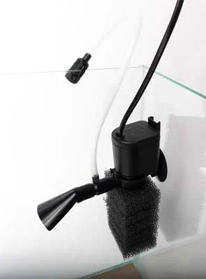 Filtre avec mousse et diffuseur d’air noir pour aquarium, installation sur vitre