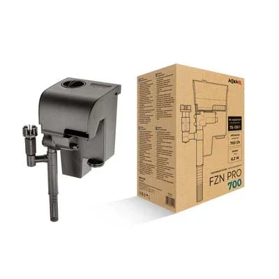 Filtre externe suspendu noir pour aquarium, boîte avec fiche technique Aquael FZN Pro 700