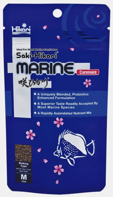 Sachet de nourriture marine carnivore pour poissons d’aquarium, format 40 g, décor bleu, illustration de poisson.