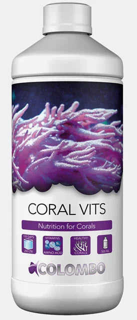 Bouteille Coral Vits 500 ml pour nutrition des coraux en aquarium récifal, étiquette violette.