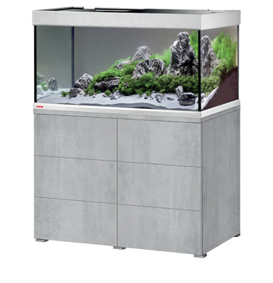 Aquarium récifal avec rochers et plantes, meuble gris moderne pour eau douce ou marine