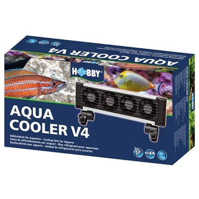 Ventilateur aquarium Aqua Cooler V4 pour eau douce et récifal, boîte avec poissons colorés