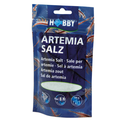 Sachet de sel pour Artemia de 195 g, produit pour aquariums, fond bleu décoratif.