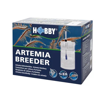 Boîte de kit d'élevage d'artémias pour aquarium, illustrée de crevettes vivantes