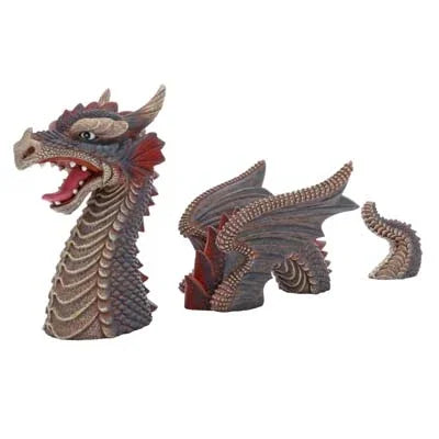 Décoration aquarium dragon en trois parties, couleur marron et rouge, aspect réaliste.