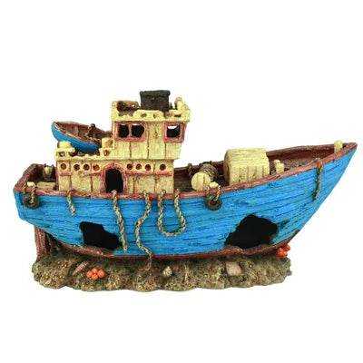 Décoration épave de bateau bleu pour aquarium, accessoire décoratif récifal ou eau douce