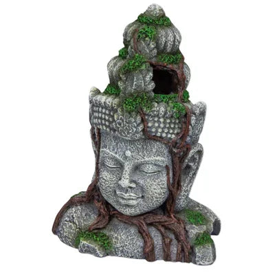 Décoration aquarium tête de Bouddha en pierre avec mousse et racines décoratives