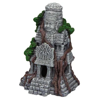 Décor aquarium temple khmer en pierre avec racines et végétation artificielle