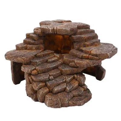 Décor aquarium imitation pierres avec grotte et escalier, accessoire pour aquariums récifaux.