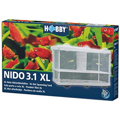 Boîte de couveuse filet XL pour poissons d’aquarium, avec illustration de poissons rouges.