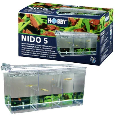 Nido 5 aquarium breeding box for fish, ideal for reef and freshwater tanks, with clear compartments and aquatic plants.