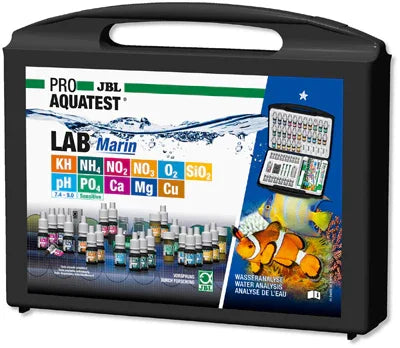 Mallette JBL ProAquaTest kit d'analyse eau marine pour aquarium, avec tests et accessoires visibles