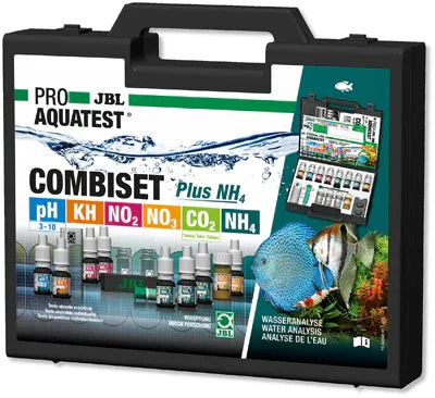 Mallette de tests d'eau pour aquarium JBL, analyse pH, KH, NO2, NO3, CO2, NH4, photo de poissons