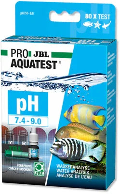 Kit test pH JBL AquaTest 7,4-9,0 pour aquariums, boîte avec poissons colorés