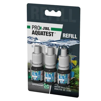 Recharge test JBL ProAquaTest pour analyse de l'eau d'aquarium, trois flacons, emballage visible