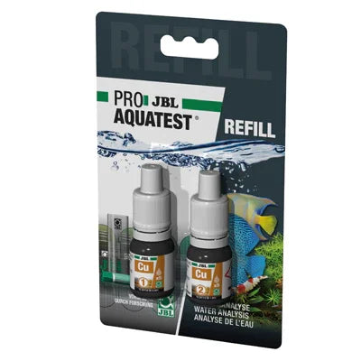 Recharge JBL ProAquaTest pour analyse cuivre dans aquarium, deux flacons, fond poissons
