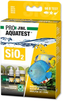 Boîte de test d'eau aquarium JBL ProAquaTest SiO2 avec poissons colorés illustrés