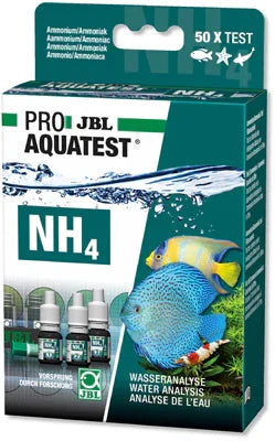 Boîte de test JBL ProAquaTest NH4 pour ammonium aquarium, illustration poissons, 50 tests
