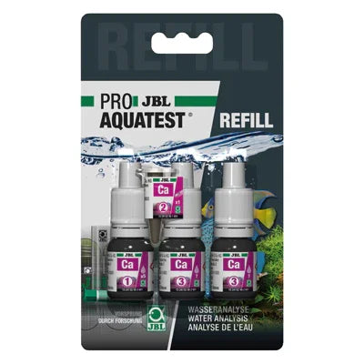 Recharge JBL ProAquaTest pour analyse de calcium en aquarium récifal, trois flacons sur blister.