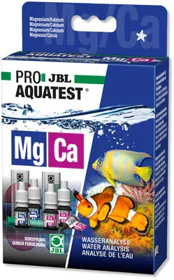 Kit d'analyse JBL ProAquaTest Mg Ca pour aquarium, boîte avec poissons et réactifs illustrés