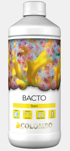 Flacon de bactéries vivantes pour aquarium récifal, étiquette décor corail coloré.