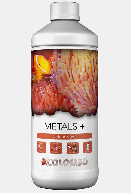 Bouteille METALS+ pour aquarium récifal, fer Fe, étiquette poisson-clown et corail.