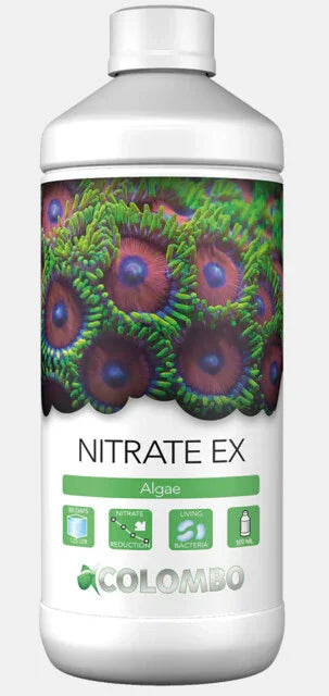 Bouteille NITRATE EX pour aquarium, réduction de nitrates, image de coraux colorés sur l’étiquette.