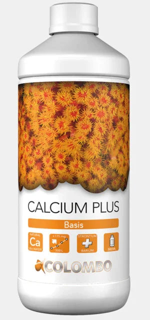 Bouteille de supplément Calcium Plus pour aquarium, avec coraux jaunes en étiquette.